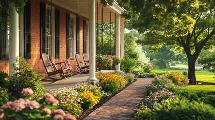 Obraz premium Charming home porch, lush garden