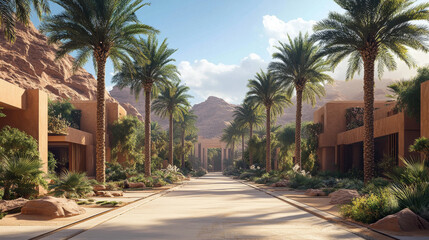 Fototapeta premium Towering date palm trees in AlUlaâ€™s oasis, highlighting the tranquil desert landscape