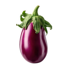 Glossy purple eggplant with green calyx, realistic texture and natural sheen, full view on on transparent background