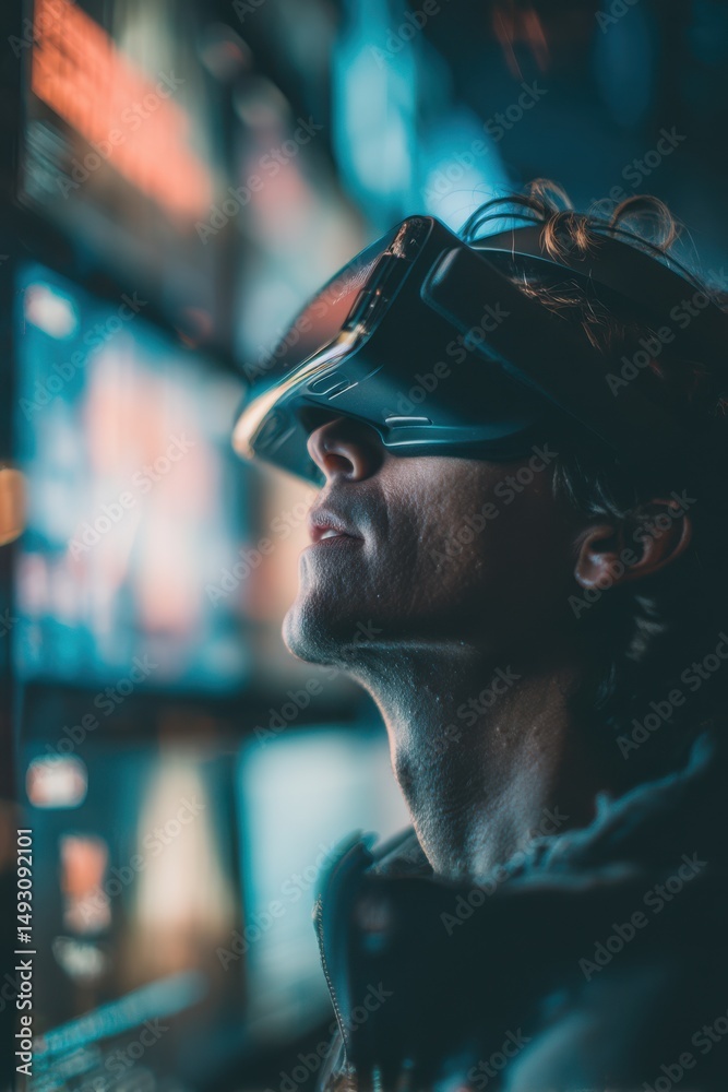 Poster Man Immersed in Virtual Reality Headset, Exploring Innovation and Digital Transformation in a Futuristic Metaverse Experience, Representing Technology Adoption : Generative AI