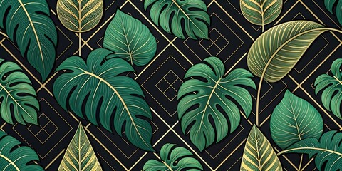 gold outline leaf art, dark elegant foliage wallpaper, green botanical texture background, classy plant design backdrop