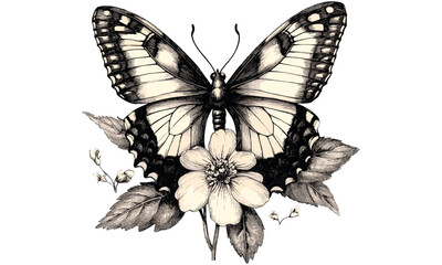 Old Engraving Style Butterfly on Flower, Hand-Sketched Monochrome Wildlife Illustration, Vintage Etching Insect Art, Floral Nature Decor, botanical insect drawing,
