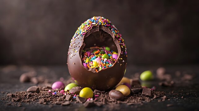Colorful chocolate egg filled with candy treats.