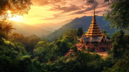 Golden temple nestled in lush mountain landscape at sunset