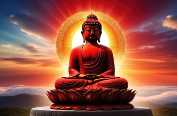 Serene red Buddha statue seated on a lotus pedestal, illuminated by a radiant halo, surrounded by clouds and mountains at sunset, symbolizing peace and enlightenment