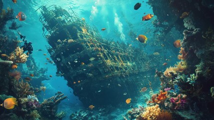 Sunlit shipwreck, vibrant coral reef.  Fish swim around a rusted ship wreck, surrounded by colorful coral