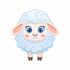 Cute Cartoon Sheep with Big Eyes and Curly Wool on White Background – Adorable Animal Vector

