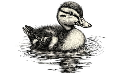 Vintage Duck Engraving in Pond, Rustic Fauna Drawing, Monochrome Bird Line Art, Retro Wildlife Etching, Antique Animal Print, Detailed Nature Illustration, classic engraving style