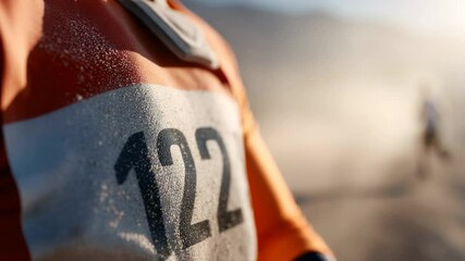 Close-up of numbered cycling jersey surrounded by dust and sunlight, showcasing energy