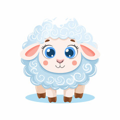 Cute Cartoon Sheep with Big Eyes and Curly Wool on White Background – Adorable Animal Vector

