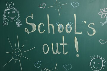 Phrase School's Out with exclamation mark and different drawings on blackboard