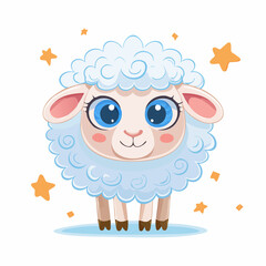 Cute Cartoon Sheep with Big Eyes and Curly Wool on White Background – Adorable Animal Vector

