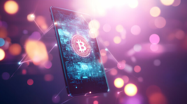 Cryptocurrency Mobile App with Bitcoin Symbol on Digital Screen - Powered by Adobe