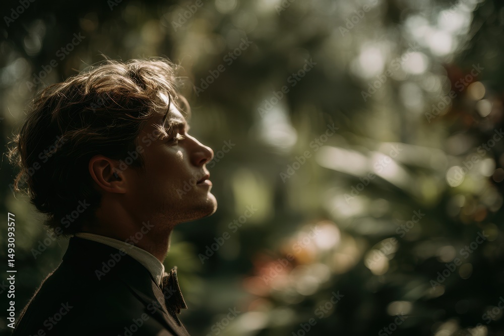 Poster young man in suit looking upward in natural light, representing hope and future aspirations with a s