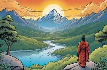 Serene landscape featuring a monk in orange robes gazing at majestic mountains and a winding river, bathed in warm sunlight, capturing tranquility and reflection in nature's beauty