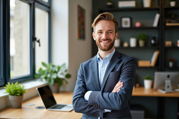 Fototapeta premium Man in a suit standing in front of a desk with a laptop, house plants, and other objects on it.