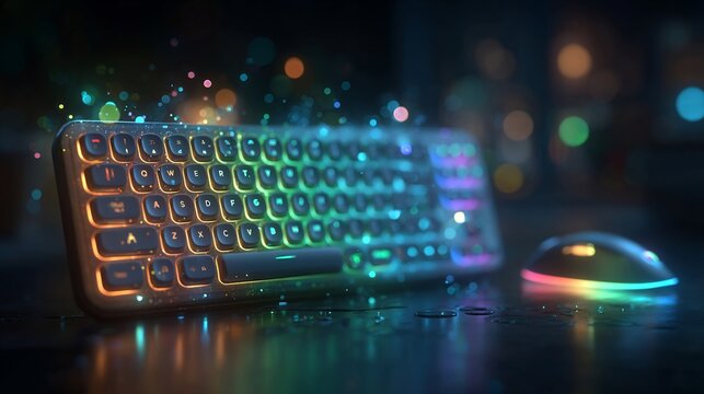 Futuristic workspace illuminating keyboard and mouse with spectral glow effects