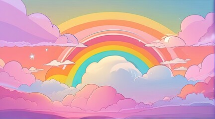 Vibrant rainbow arches over soft pastel clouds in a serene twilight sky