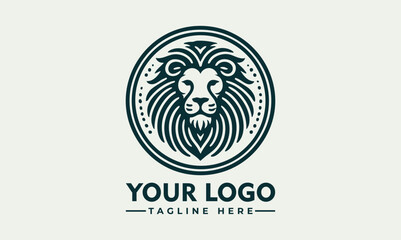 Stylized lion head with flowing mane enclosed in circular ornamental frame in detailed line design. Animal concept
