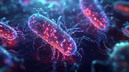 Hyper-detailed synthetic bacterial life emitting pulsating neon lights in liquid