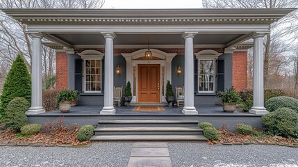 Fototapeta premium Elegant brick home entryway with covered porch