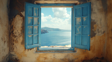 Obraz premium Window view of Oia with blue shutters and scenic caldera in Santorini, Greece