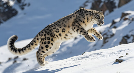 Fototapeta premium Snow Leopard Leaping Across Snowy Mountain Slope