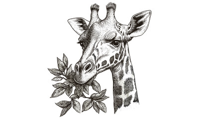 Vintage Hand-drawn Giraffe Engraving, Monochrome Wildlife Line Art, Rustic Safari Fauna Etching, Detailed Nature Illustration, Black Sketch, Old Animal Print, Exotic African Wildlife