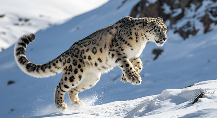 Snow Leopard Leaping Across Snowy Mountain Slope