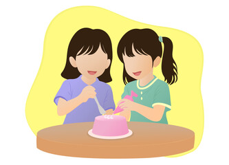 two young little girl decorating the cake on the table.