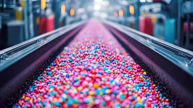 Colorful candies on a conveyor belt in a factory setting, showcasing a vibrant production process.