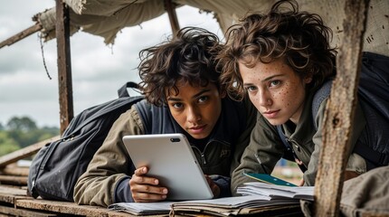 Obraz premium Two children exploring technology in a makeshift shelter during a cloudy afternoon in a rural setting