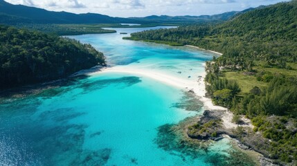 Serene turquoise bay, white sand beach, lush foliage