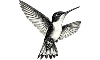 Vintage Hummingbird Engraving, Retro Monochrome Bird Illustration, Hand-Drawn Exotic Animal, Black Sketch Art for Garden Decor, Etching Style Wildlife Artwork, floral art print, © Vintage Studio