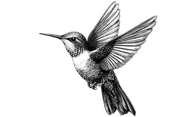 Hummingbird in Vintage Etching Style, Retro Hand-Drawn Exotic Bird, Monochrome Wildlife Sketch, Garden and Floral Decor, Black Line Art, antique animal illustration, © Vintage Studio