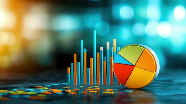 Colorful pie chart and bar graphs illustrating data analysis in a modern office setting.