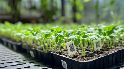 Fresh Seedlings Growing in Greenhouse with QR Code Plant Tags
