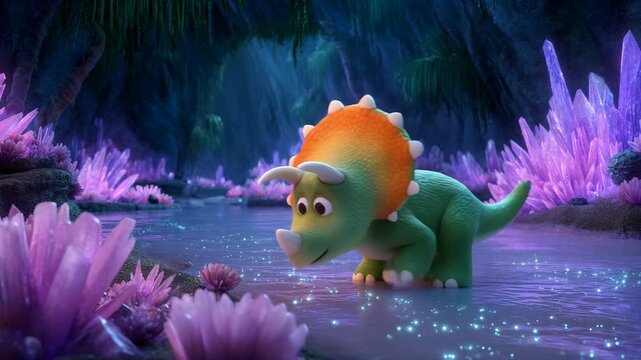 Adorable green triceratops with an orange frill explores a magical, glowing purple crystal cave at night. Soft lighting and shimmering water add to the whimsical scene.