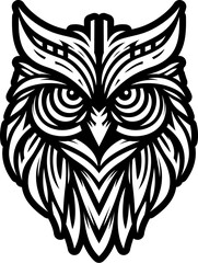 Tribal Owl Head Illustration
Tribal Owl Head Vector Illustration - Stylized Black and White Owl Design for Logos, Tattoos, or Prints