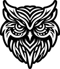 Fototapeta premium Tribal Owl Head Illustration Tribal Owl Head Vector Illustration - Stylized Black and White Owl Design for Logos, Tattoos, or Prints