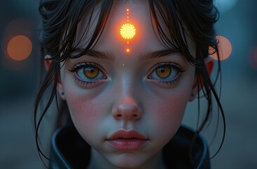 Young girl with captivating golden eyes and intricate facial details, wearing a dark jacket, illuminated by a glowing symbol on her forehead, creating a mystical and enchanting atmosphere in the scene