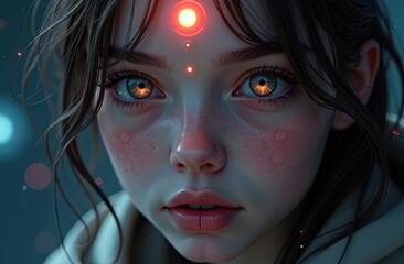 Close-up portrait of a young woman with striking features and glowing eyes, surrounded by ethereal lights, showcasing a futuristic aesthetic and captivating expression in a dreamlike atmosphere