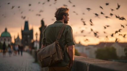 Man in Olive Green Short Sleeved Shirt with Messenger Bag Against a Sunset Cityscape with Birds