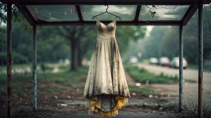 Hanging vintage wedding dress at abandoned bus stop on a rainy day
