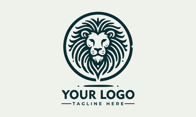 Obraz premium Stylized lion head with flowing mane enclosed in circular ornamental frame in detailed line design. Animal concept 