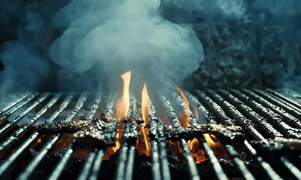 The fire on the grill is burning brightly, with flames reaching up to turn burgers into delicious meatballs.