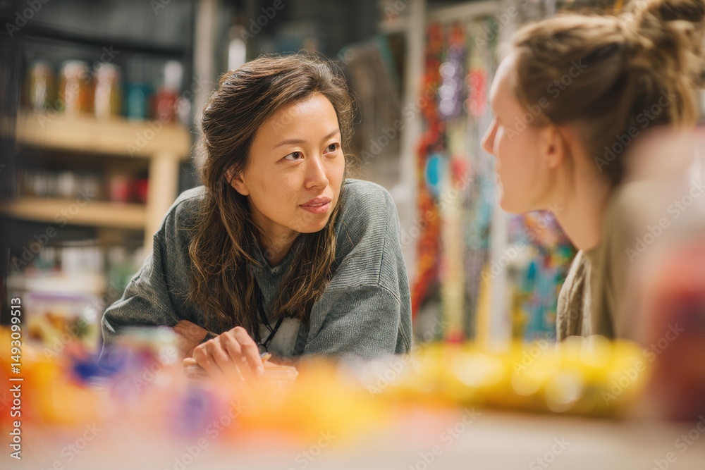 Aufkleber two women in casual conversation at craft table, representing mentorship and creative collaboration 