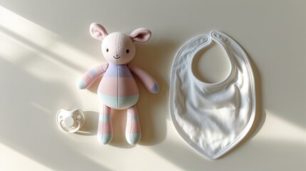 Soft toy, bib, and pacifier arranged on light surface in serene setting during daytime
