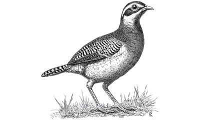 Vintage quail bird engraving, hand-drawn gamebird sketch, monochrome wildlife illustration, antique etching style, woodland decor art, old black sketch, rustic nature art