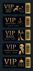 Naklejka premium VIP tickets set with gold embossing and barcode for various premium events yacht party, fashion show, ball, gala dinner, concert, exclusive parties. Vector elegant luxury black ticket templates